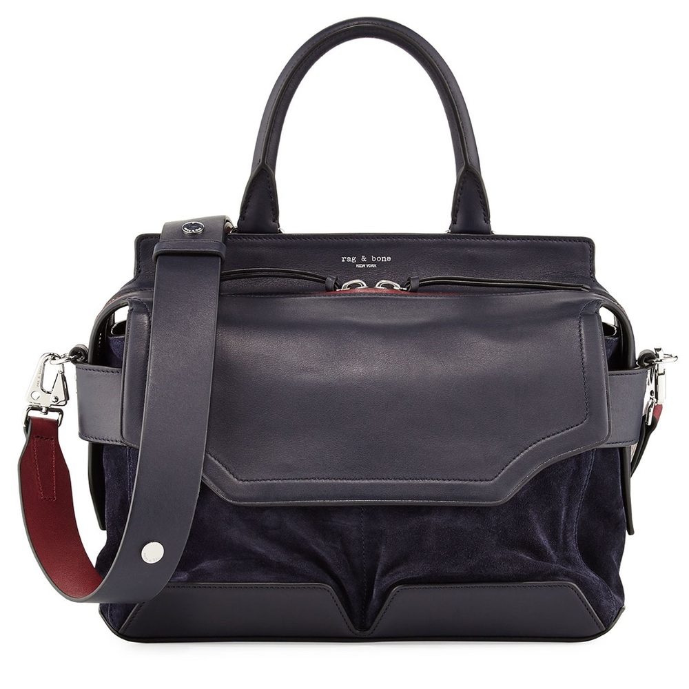 Rag & Bone Small Pilot Navy Blue Red Accent Leather Suede Zip-Up Satchel Bag